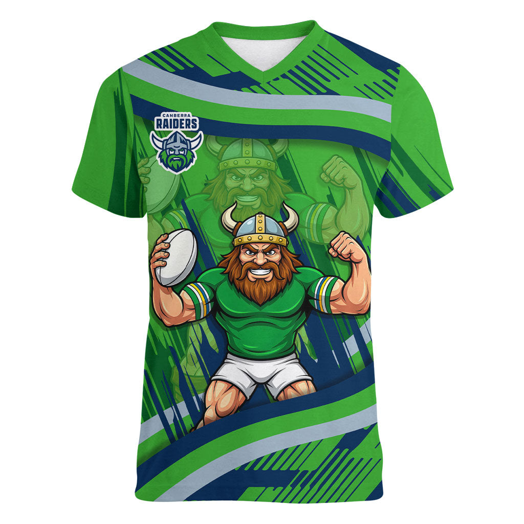 Canberra Raiders Rugby Mascot Women V-Neck T-Shirt Fierce Athlete Graphic in Sports Style