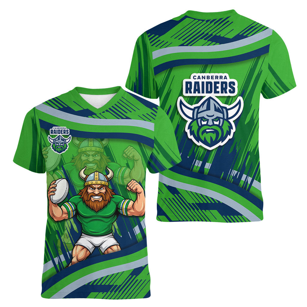 Canberra Raiders Rugby Mascot Women V-Neck T-Shirt Fierce Athlete Graphic in Sports Style