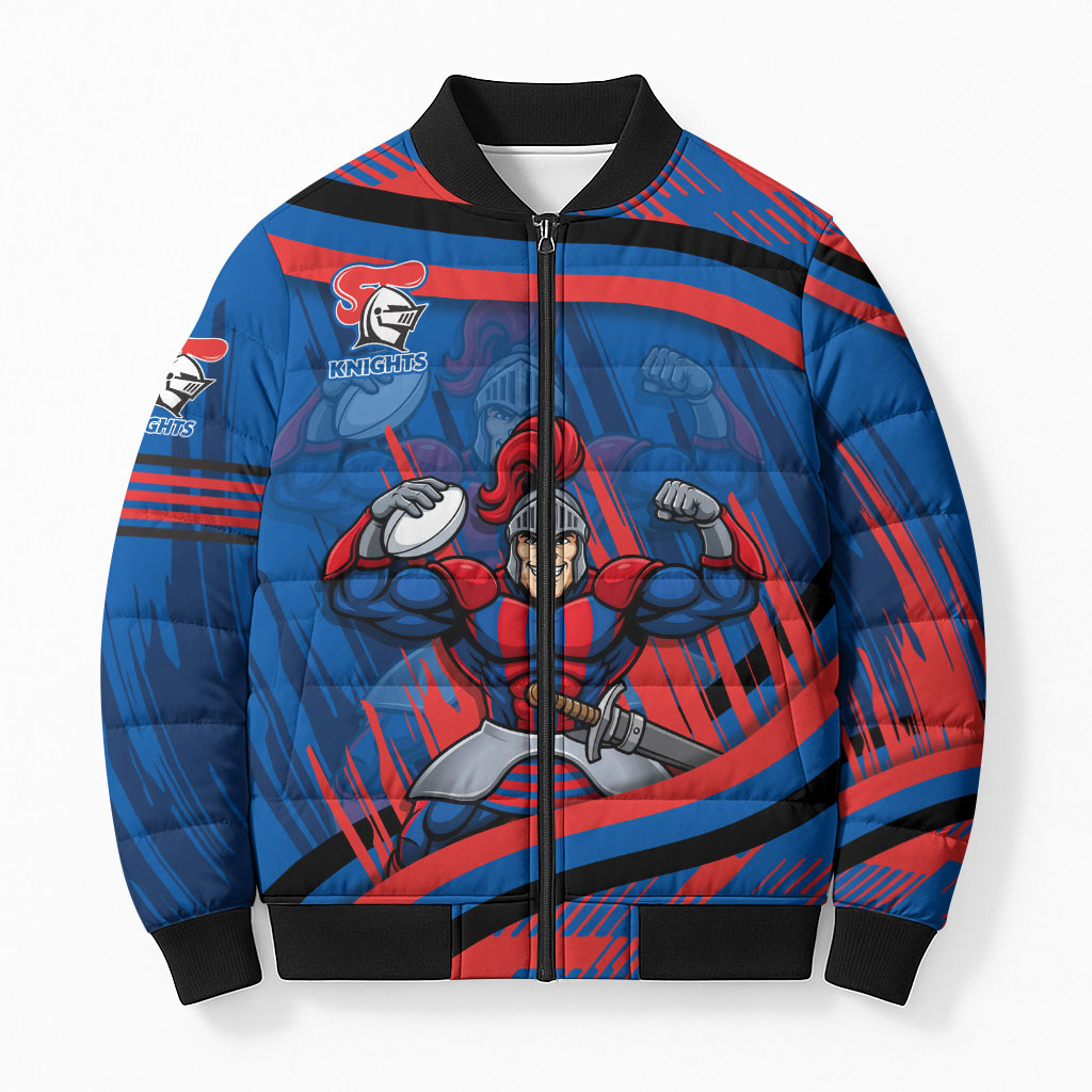 Newcastle Knights Rugby Mascot Bomber Puffer Jacket Fierce Athlete Graphic in Sports Style