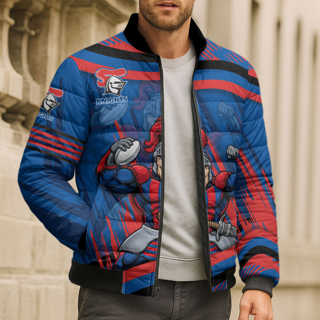 Newcastle Knights Rugby Mascot Bomber Puffer Jacket Fierce Athlete Graphic in Sports Style