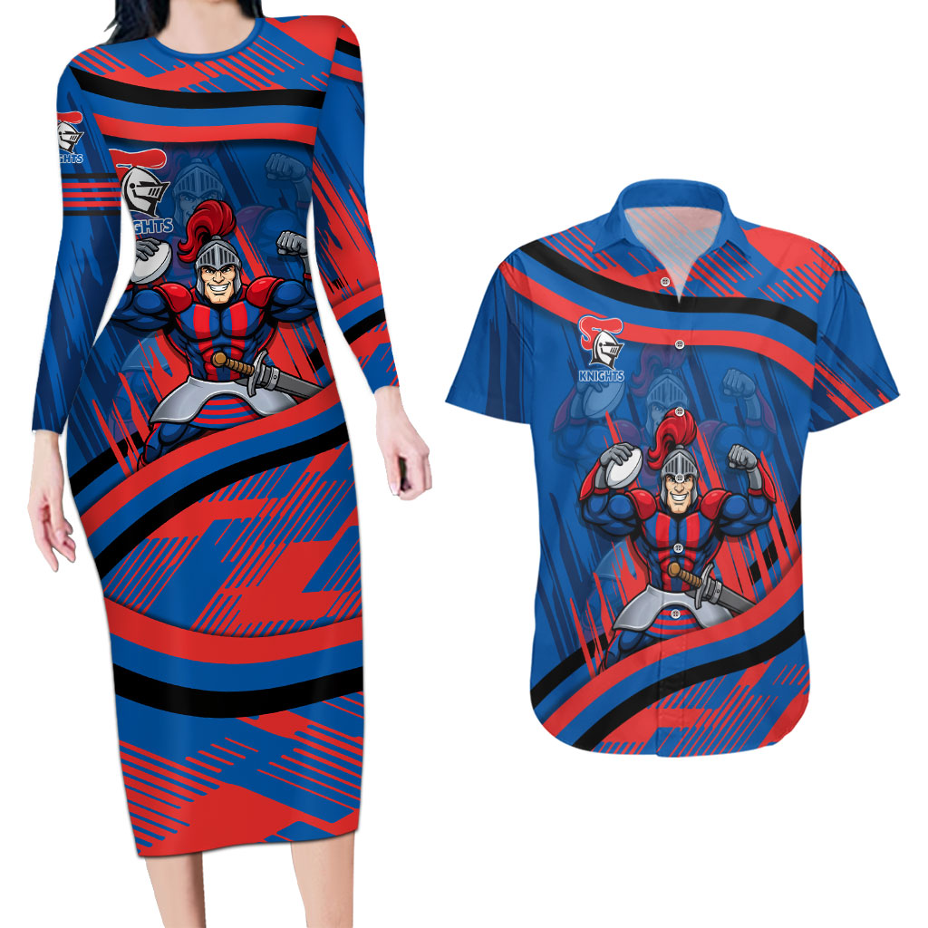 Newcastle Knights Rugby Mascot Couples Matching Long Sleeve Bodycon Dress and Hawaiian Shirt Fierce Athlete Graphic in Sports Style