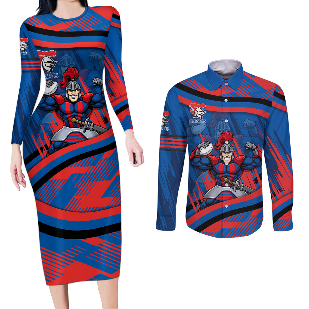 Newcastle Knights Rugby Mascot Couples Matching Long Sleeve Bodycon Dress and Long Sleeve Button Shirt Fierce Athlete Graphic in Sports Style