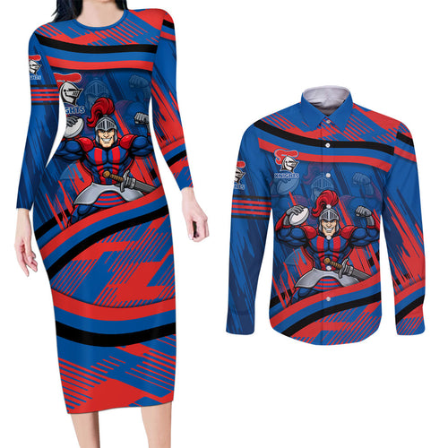 Newcastle Knights Rugby Mascot Couples Matching Long Sleeve Bodycon Dress and Long Sleeve Button Shirt Fierce Athlete Graphic in Sports Style