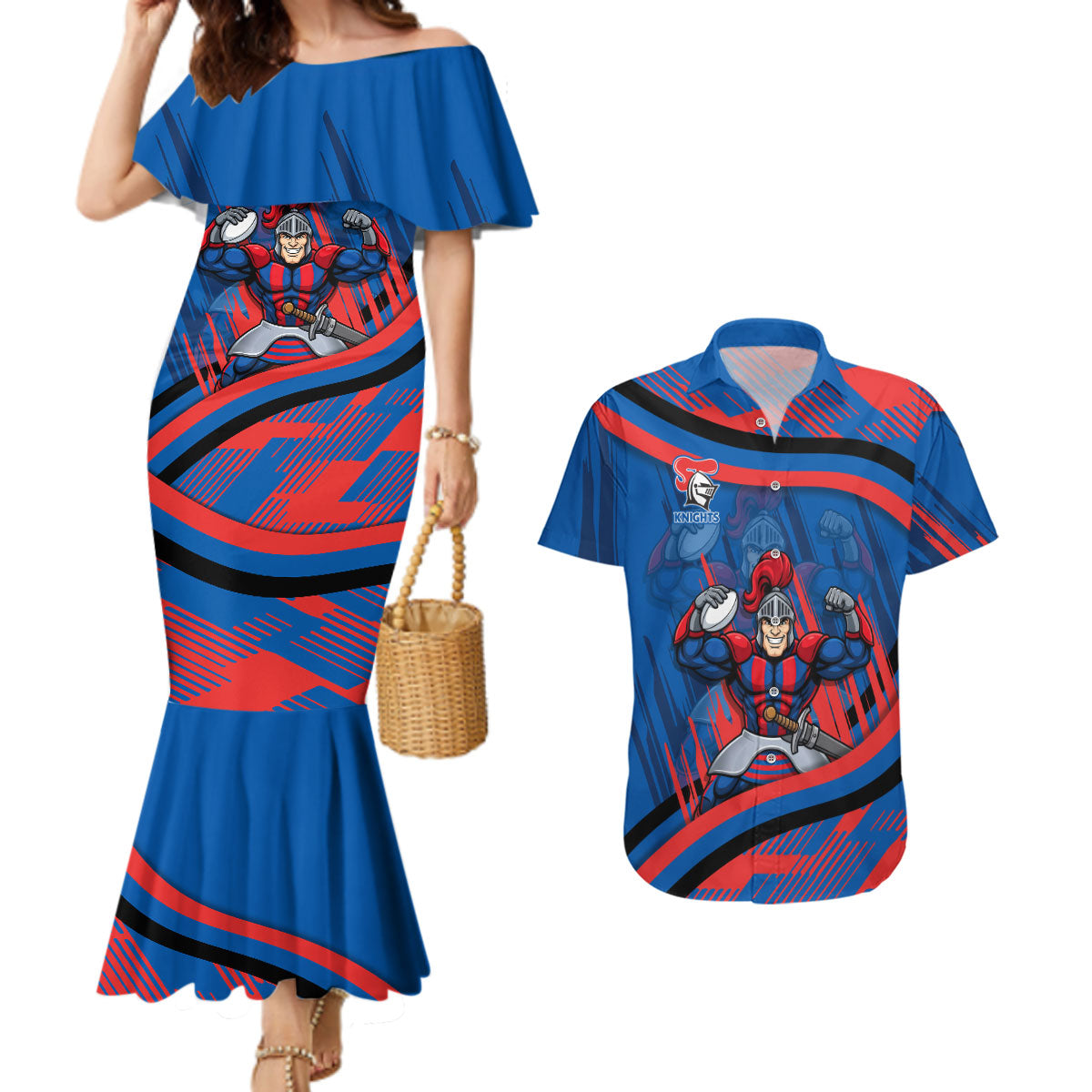 Newcastle Knights Rugby Mascot Couples Matching Mermaid Dress and Hawaiian Shirt Fierce Athlete Graphic in Sports Style