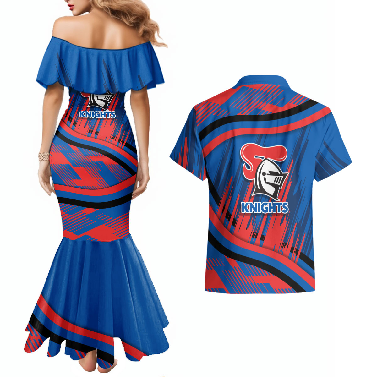 Newcastle Knights Rugby Mascot Couples Matching Mermaid Dress and Hawaiian Shirt Fierce Athlete Graphic in Sports Style