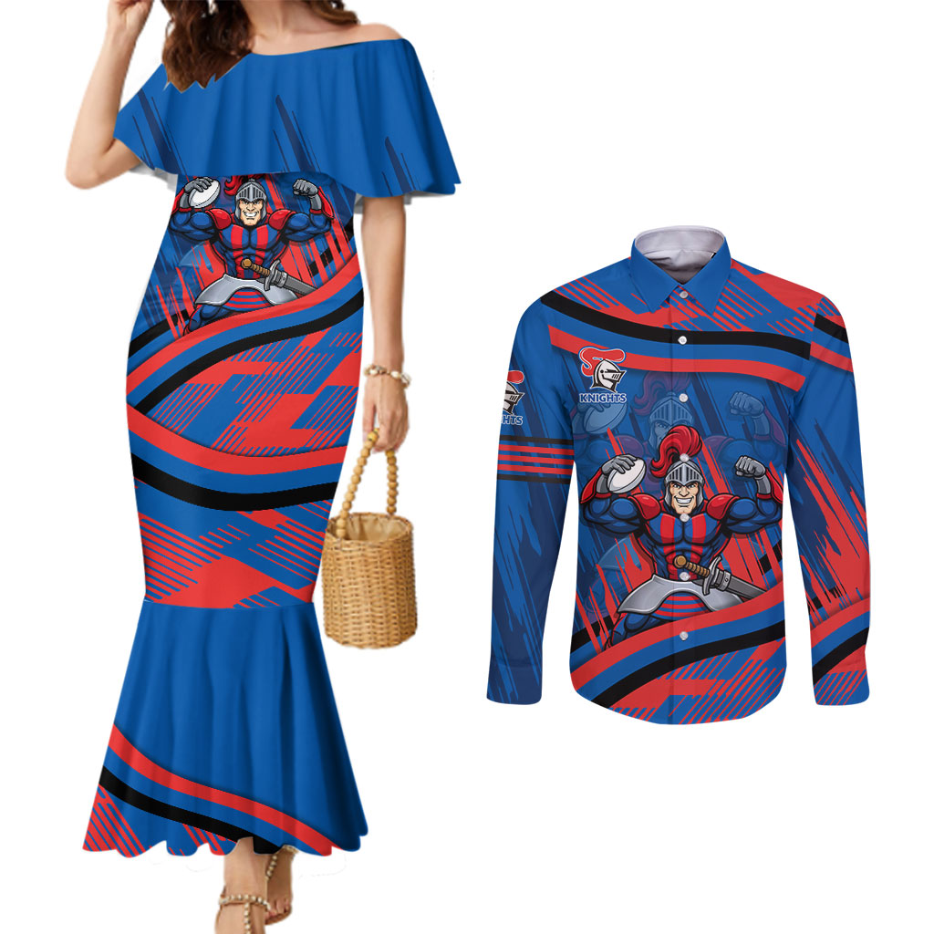 Newcastle Knights Rugby Mascot Couples Matching Mermaid Dress and Long Sleeve Button Shirt Fierce Athlete Graphic in Sports Style