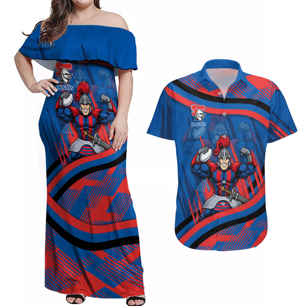 Newcastle Knights Rugby Mascot Couples Matching Off Shoulder Maxi Dress and Hawaiian Shirt Fierce Athlete Graphic in Sports Style
