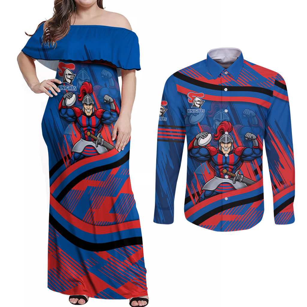 Newcastle Knights Rugby Mascot Couples Matching Off Shoulder Maxi Dress and Long Sleeve Button Shirt Fierce Athlete Graphic in Sports Style