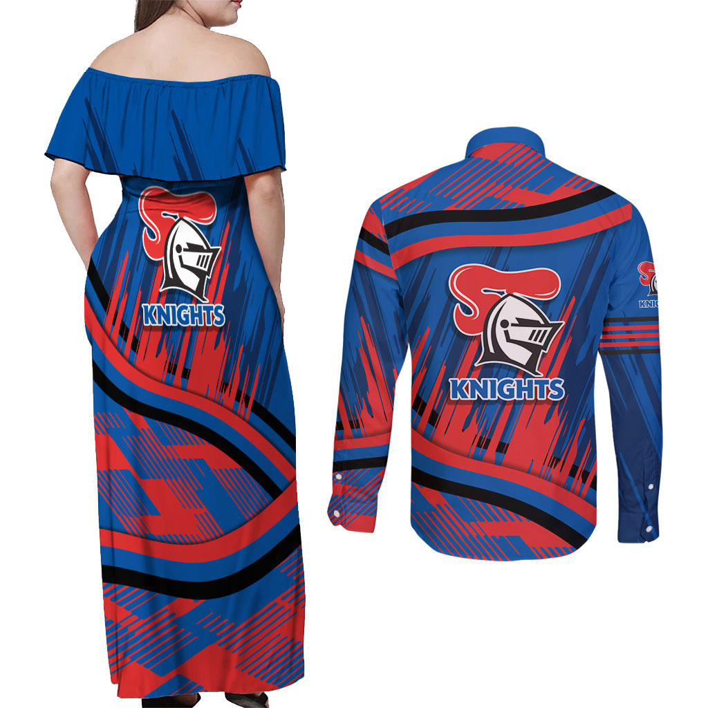 Newcastle Knights Rugby Mascot Couples Matching Off Shoulder Maxi Dress and Long Sleeve Button Shirt Fierce Athlete Graphic in Sports Style