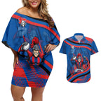 Newcastle Knights Rugby Mascot Couples Matching Off Shoulder Short Dress and Hawaiian Shirt Fierce Athlete Graphic in Sports Style