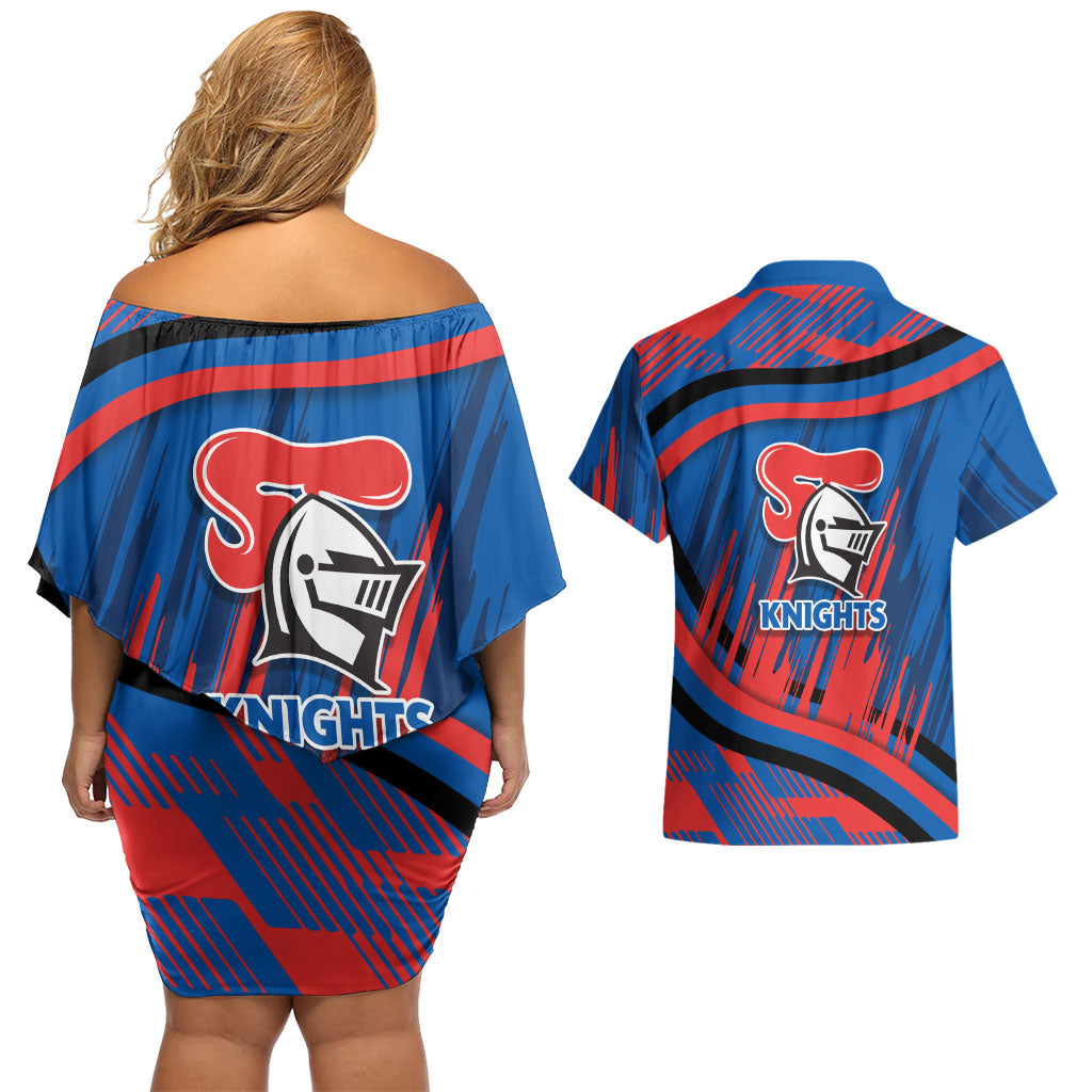 Newcastle Knights Rugby Mascot Couples Matching Off Shoulder Short Dress and Hawaiian Shirt Fierce Athlete Graphic in Sports Style