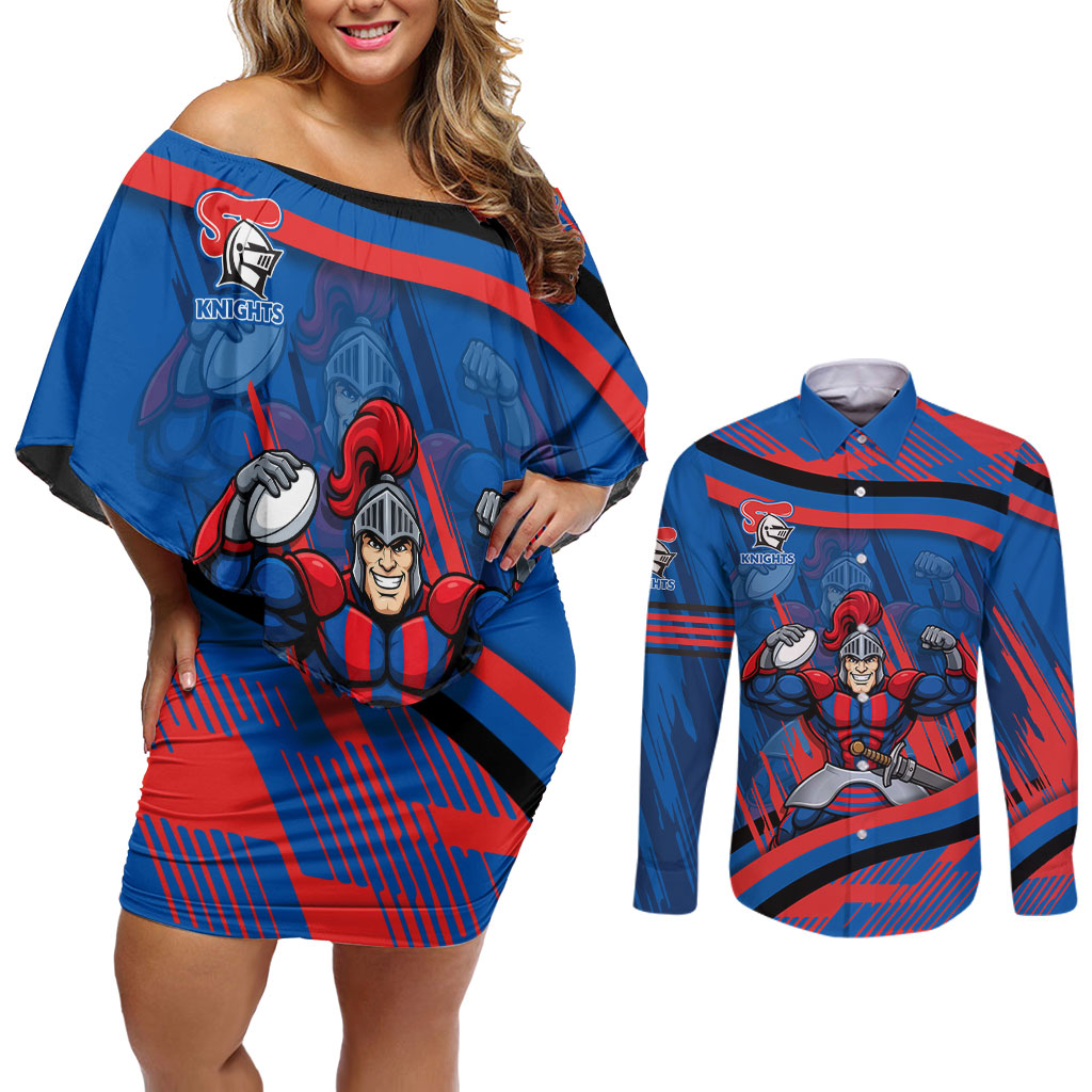Newcastle Knights Rugby Mascot Couples Matching Off Shoulder Short Dress and Long Sleeve Button Shirt Fierce Athlete Graphic in Sports Style