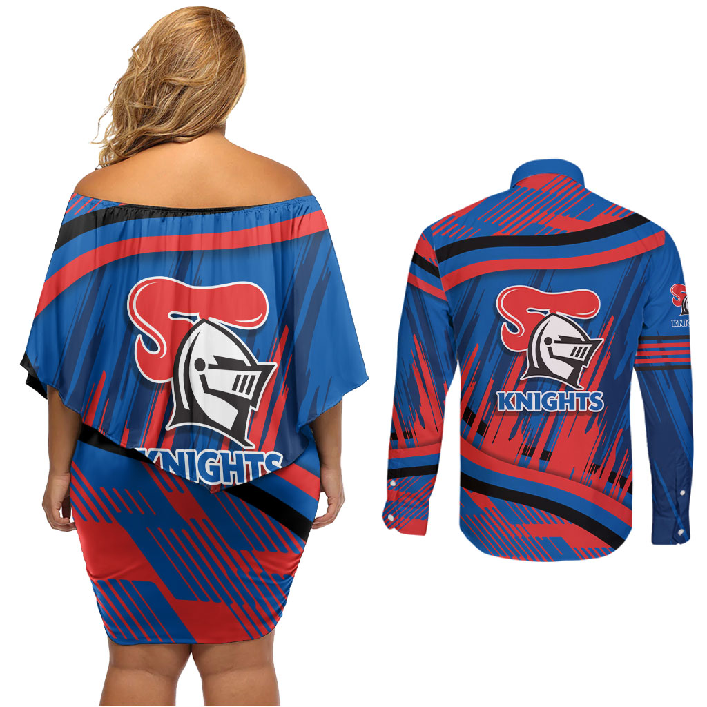 Newcastle Knights Rugby Mascot Couples Matching Off Shoulder Short Dress and Long Sleeve Button Shirt Fierce Athlete Graphic in Sports Style
