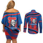 Newcastle Knights Rugby Mascot Couples Matching Off Shoulder Short Dress and Long Sleeve Button Shirt Fierce Athlete Graphic in Sports Style
