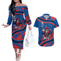 Newcastle Knights Rugby Mascot Couples Matching Off The Shoulder Long Sleeve Dress and Hawaiian Shirt Fierce Athlete Graphic in Sports Style