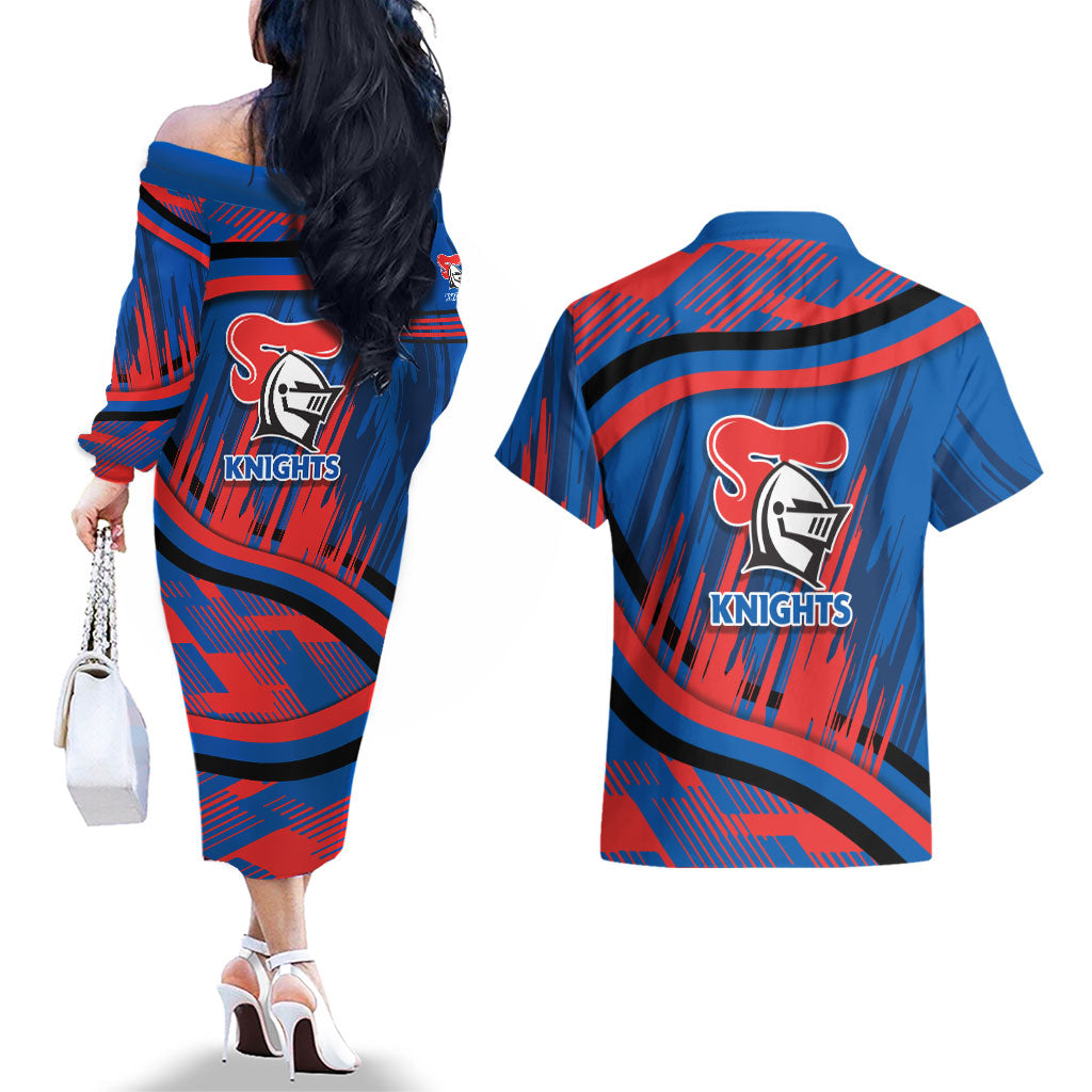 Newcastle Knights Rugby Mascot Couples Matching Off The Shoulder Long Sleeve Dress and Hawaiian Shirt Fierce Athlete Graphic in Sports Style