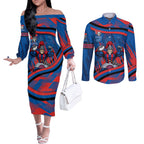 Newcastle Knights Rugby Mascot Couples Matching Off The Shoulder Long Sleeve Dress and Long Sleeve Button Shirt Fierce Athlete Graphic in Sports Style