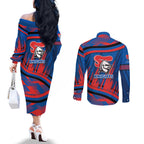 Newcastle Knights Rugby Mascot Couples Matching Off The Shoulder Long Sleeve Dress and Long Sleeve Button Shirt Fierce Athlete Graphic in Sports Style