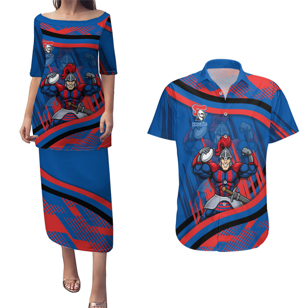 Newcastle Knights Rugby Mascot Couples Matching Puletasi and Hawaiian Shirt Fierce Athlete Graphic in Sports Style