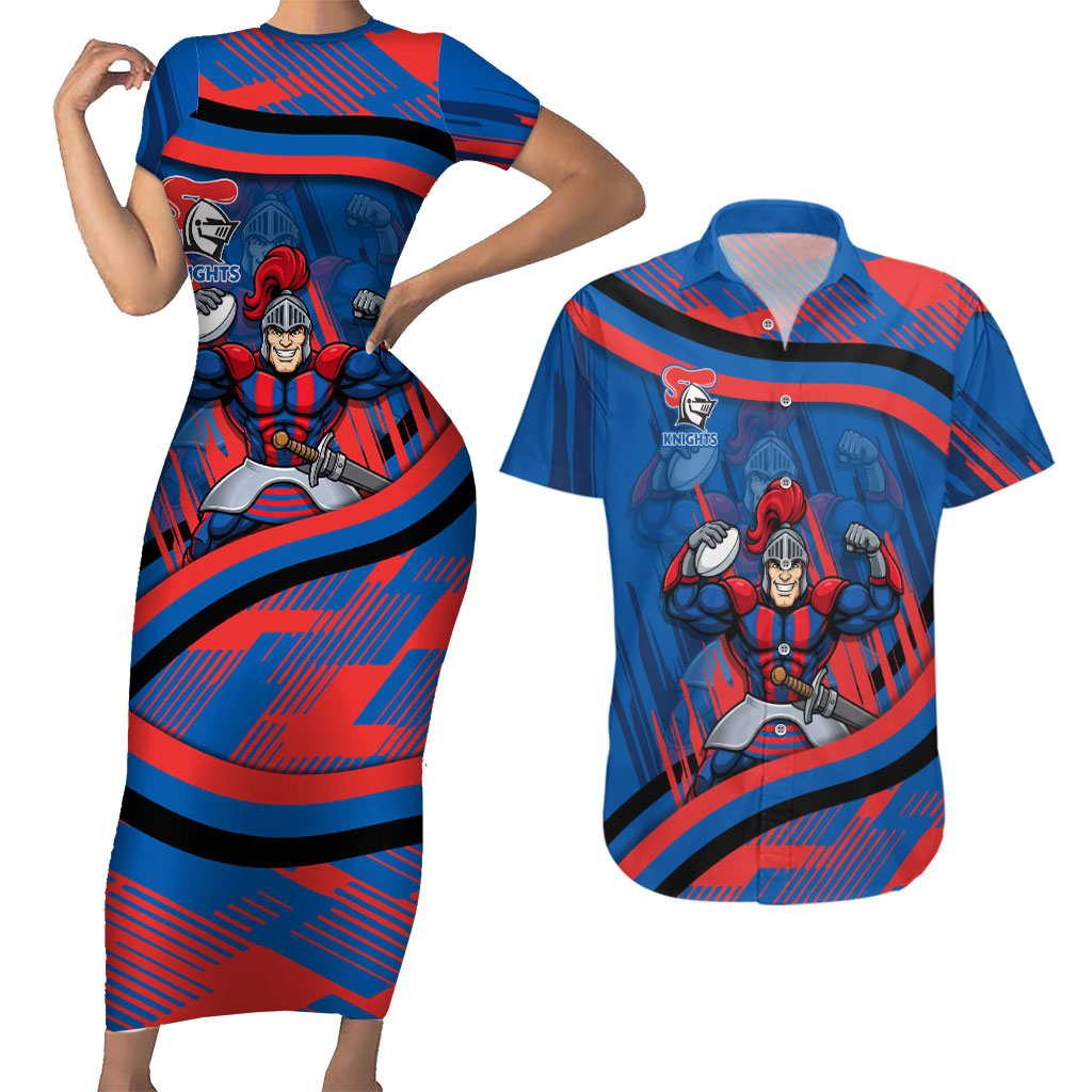 Newcastle Knights Rugby Mascot Couples Matching Short Sleeve Bodycon Dress and Hawaiian Shirt Fierce Athlete Graphic in Sports Style