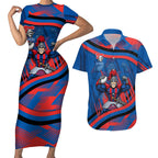 Newcastle Knights Rugby Mascot Couples Matching Short Sleeve Bodycon Dress and Hawaiian Shirt Fierce Athlete Graphic in Sports Style