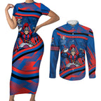 Newcastle Knights Rugby Mascot Couples Matching Short Sleeve Bodycon Dress and Long Sleeve Button Shirt Fierce Athlete Graphic in Sports Style