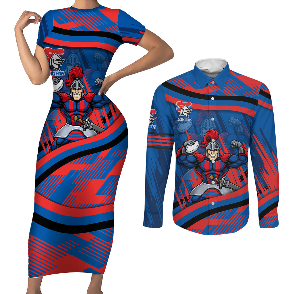 Newcastle Knights Rugby Mascot Couples Matching Short Sleeve Bodycon Dress and Long Sleeve Button Shirt Fierce Athlete Graphic in Sports Style