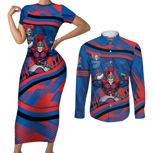 Newcastle Knights Rugby Mascot Couples Matching Short Sleeve Bodycon Dress and Long Sleeve Button Shirt Fierce Athlete Graphic in Sports Style