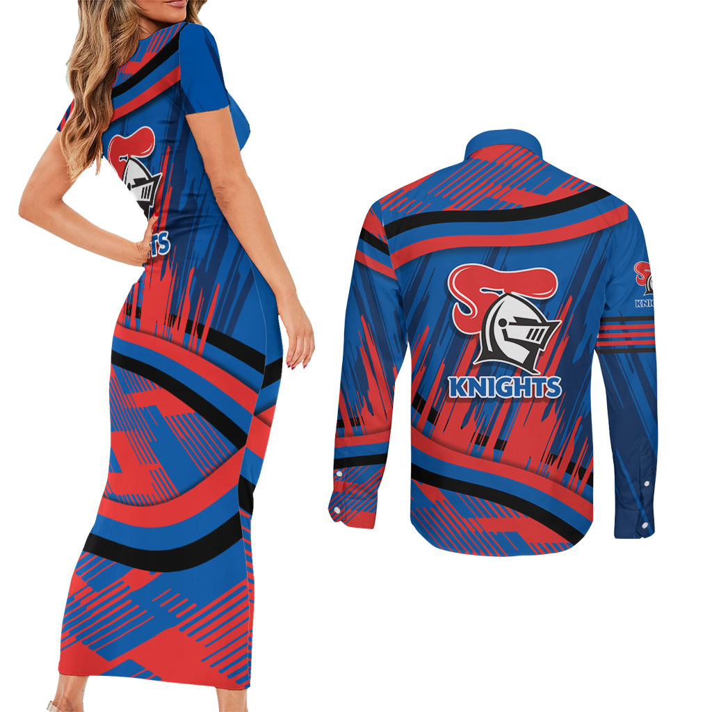 Newcastle Knights Rugby Mascot Couples Matching Short Sleeve Bodycon Dress and Long Sleeve Button Shirt Fierce Athlete Graphic in Sports Style
