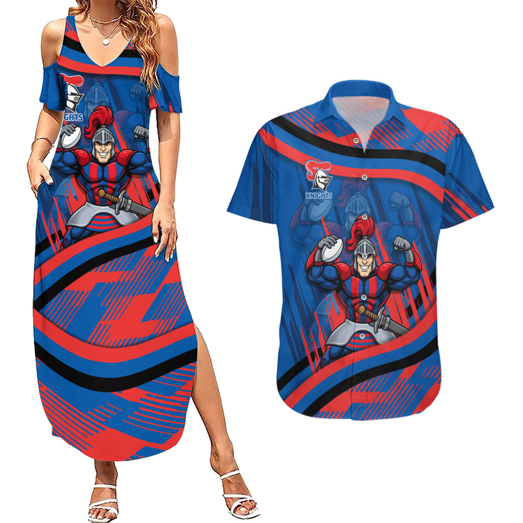 Newcastle Knights Rugby Mascot Couples Matching Summer Maxi Dress and Hawaiian Shirt Fierce Athlete Graphic in Sports Style