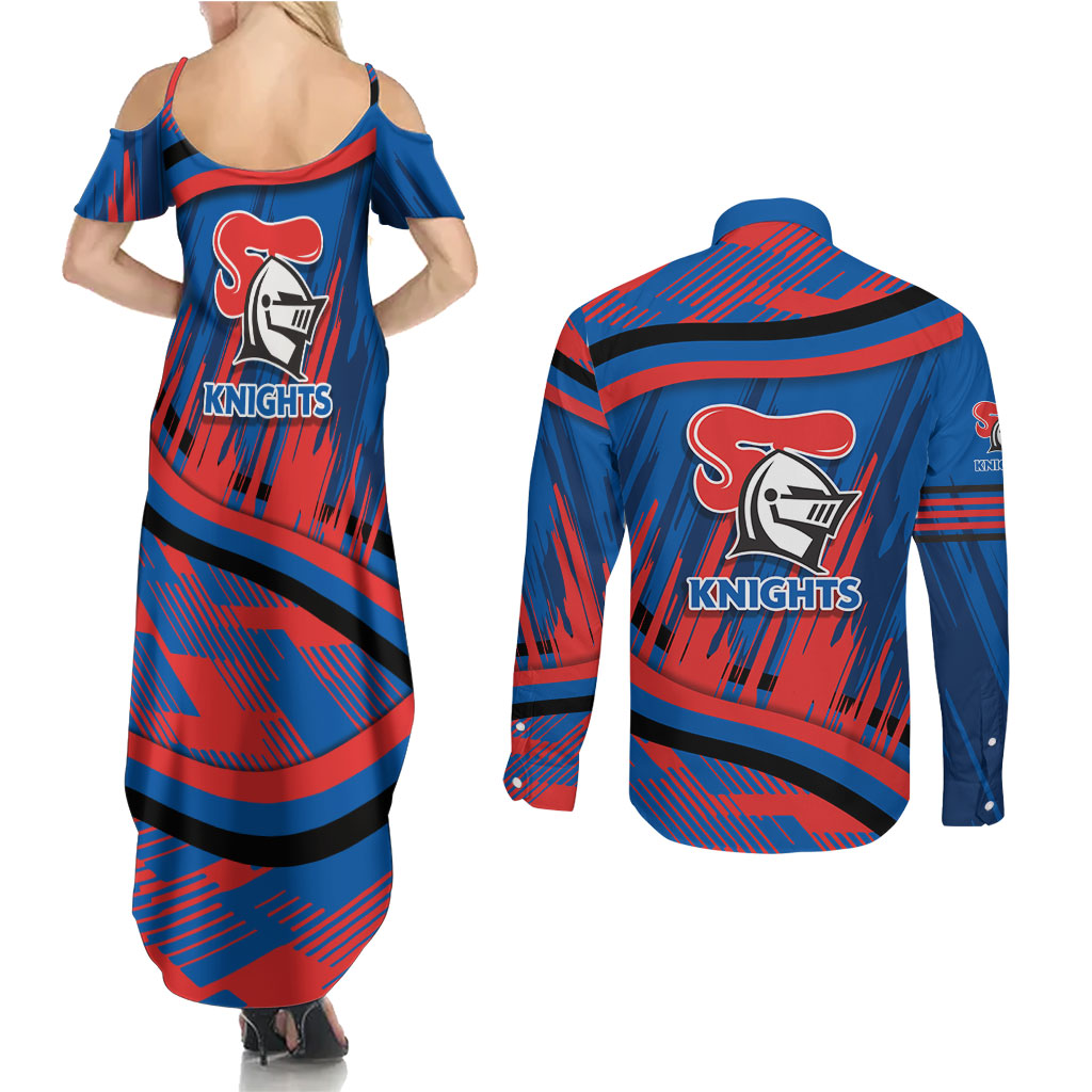 Newcastle Knights Rugby Mascot Couples Matching Summer Maxi Dress and Long Sleeve Button Shirt Fierce Athlete Graphic in Sports Style