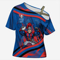 Newcastle Knights Rugby Mascot Cross Shoulder Shirt Fierce Athlete Graphic in Sports Style