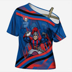 Newcastle Knights Rugby Mascot Cross Shoulder Shirt Fierce Athlete Graphic in Sports Style