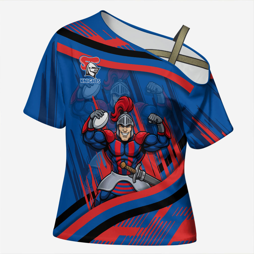 Newcastle Knights Rugby Mascot Cross Shoulder Shirt Fierce Athlete Graphic in Sports Style