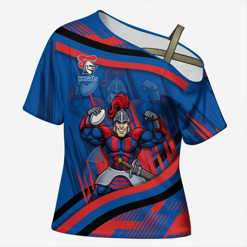 Newcastle Knights Rugby Mascot Cross Shoulder Shirt Fierce Athlete Graphic in Sports Style