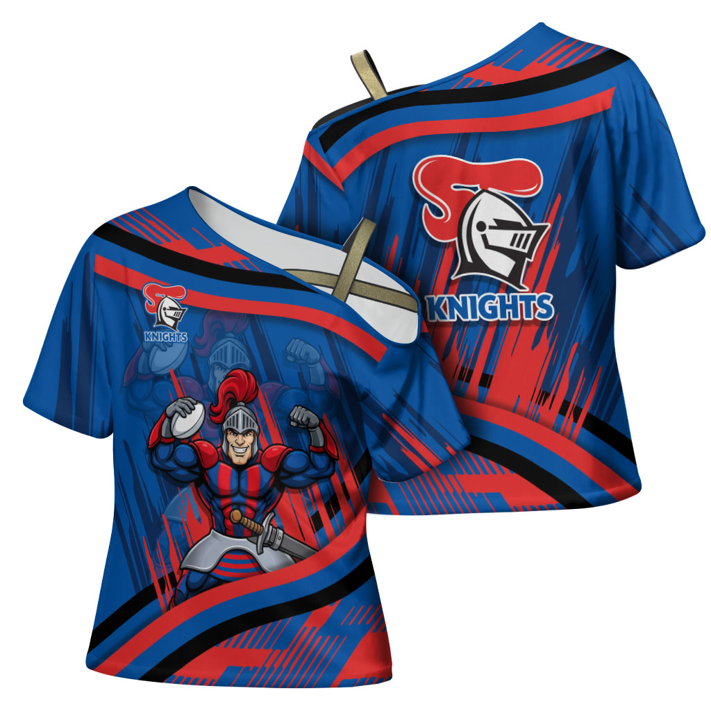 Newcastle Knights Rugby Mascot Cross Shoulder Shirt Fierce Athlete Graphic in Sports Style