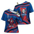 Newcastle Knights Rugby Mascot Cross Shoulder Shirt Fierce Athlete Graphic in Sports Style