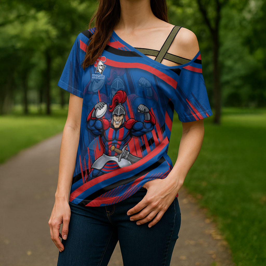 Newcastle Knights Rugby Mascot Cross Shoulder Shirt Fierce Athlete Graphic in Sports Style
