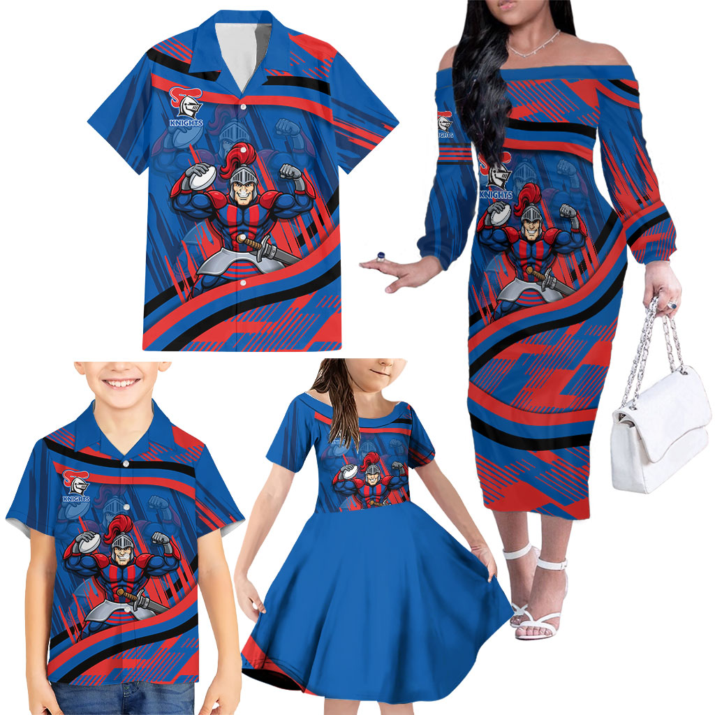 Newcastle Knights Rugby Mascot Family Matching Off The Shoulder Long Sleeve Dress and Hawaiian Shirt Fierce Athlete Graphic in Sports Style