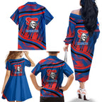 Newcastle Knights Rugby Mascot Family Matching Off The Shoulder Long Sleeve Dress and Hawaiian Shirt Fierce Athlete Graphic in Sports Style