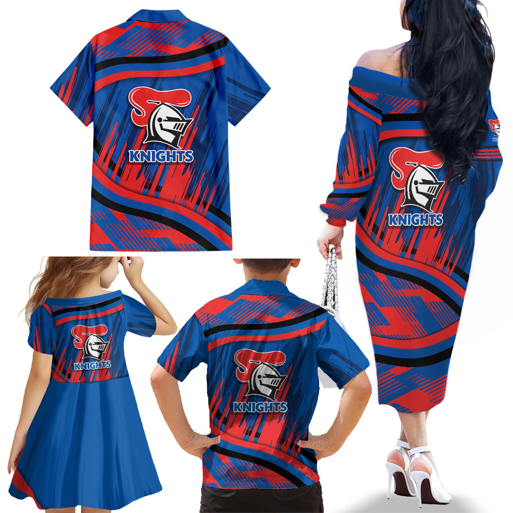 Newcastle Knights Rugby Mascot Family Matching Off The Shoulder Long Sleeve Dress and Hawaiian Shirt Fierce Athlete Graphic in Sports Style