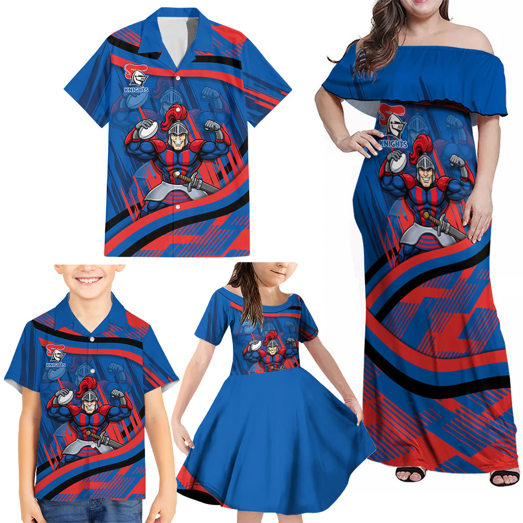 Newcastle Knights Rugby Mascot Family Matching Off Shoulder Maxi Dress and Hawaiian Shirt Fierce Athlete Graphic in Sports Style