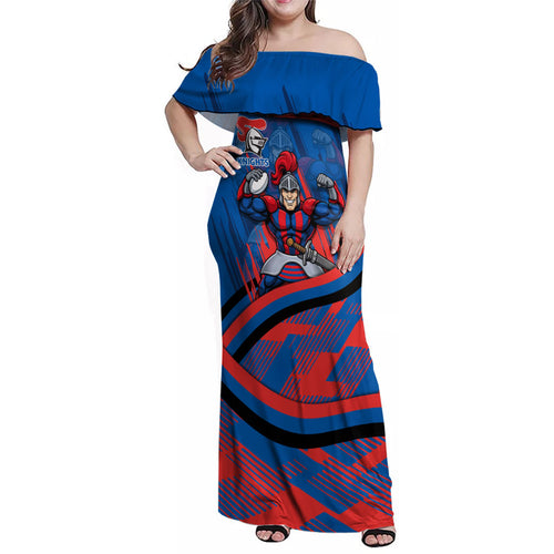 Newcastle Knights Rugby Mascot Family Matching Off Shoulder Maxi Dress and Hawaiian Shirt Fierce Athlete Graphic in Sports Style