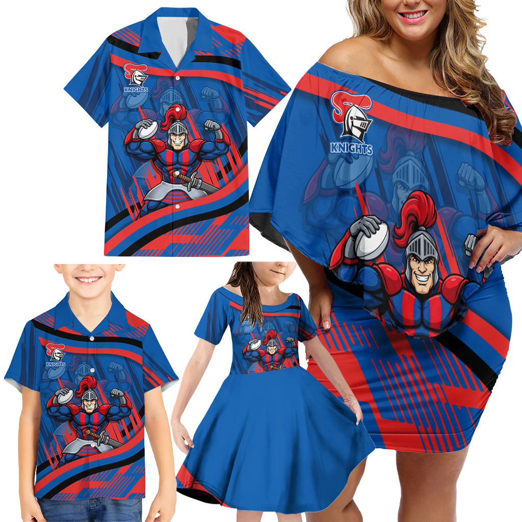 Newcastle Knights Rugby Mascot Family Matching Off Shoulder Short Dress and Hawaiian Shirt Fierce Athlete Graphic in Sports Style