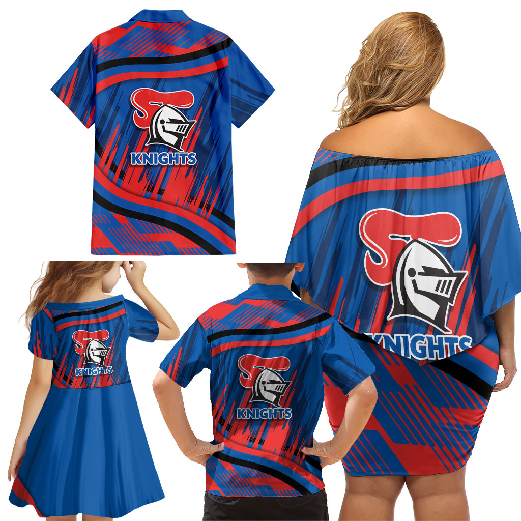 Newcastle Knights Rugby Mascot Family Matching Off Shoulder Short Dress and Hawaiian Shirt Fierce Athlete Graphic in Sports Style