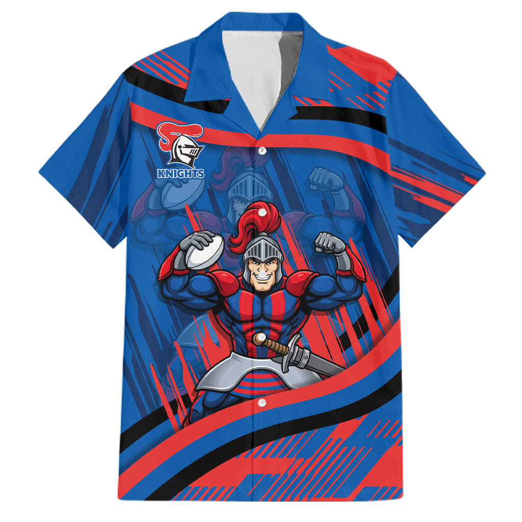 Newcastle Knights Rugby Mascot Family Matching Off Shoulder Short Dress and Hawaiian Shirt Fierce Athlete Graphic in Sports Style