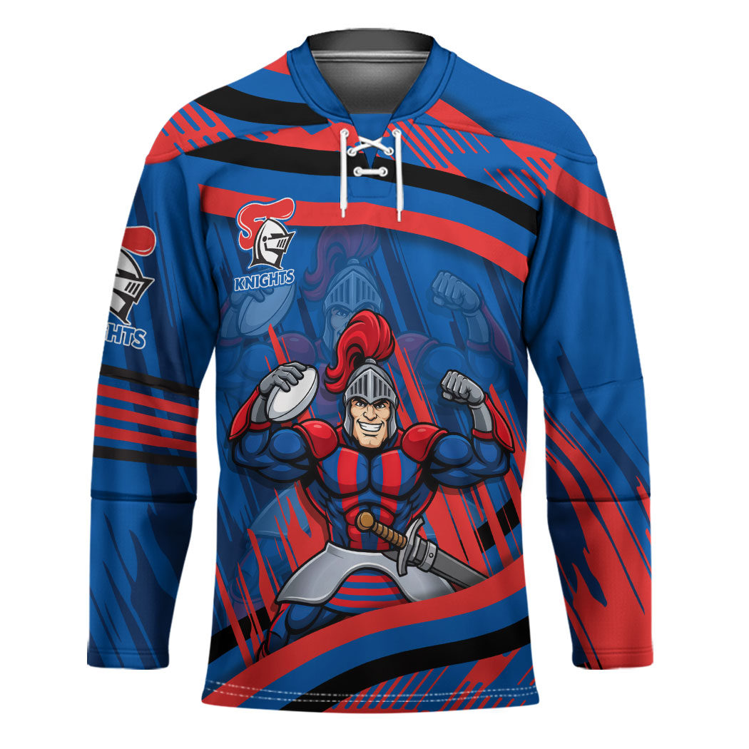 Newcastle Knights Rugby Mascot Hockey Jersey Fierce Athlete Graphic in Sports Style