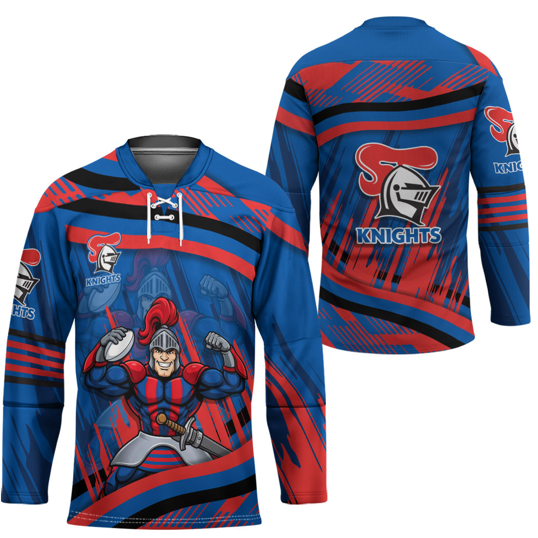 Newcastle Knights Rugby Mascot Hockey Jersey Fierce Athlete Graphic in Sports Style
