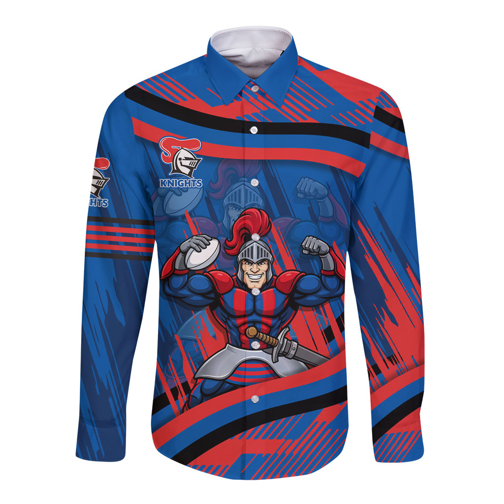 Newcastle Knights Rugby Mascot Long Sleeve Button Shirt Fierce Athlete Graphic in Sports Style