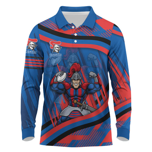Newcastle Knights Rugby Mascot Long Sleeve Polo Shirt Fierce Athlete Graphic in Sports Style